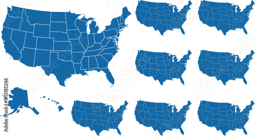 Collection of blue United States maps in various perspectives and sizes on white background