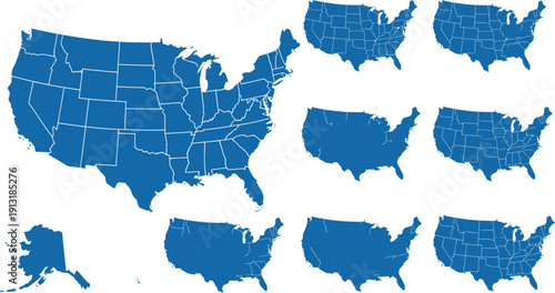 set of blue united states maps in different sizes and orientations  various american state boundaries