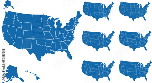 set of blue USA maps with state borders on transparent background for geography and education purposes