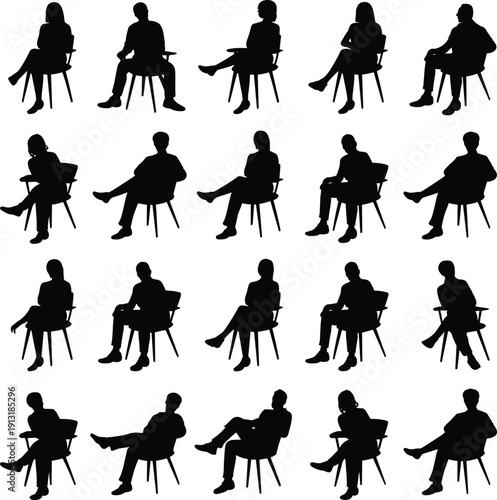 Collection of seated business people silhouettes on chairs in various poses, black vector set isolated on white background for corporate, office, and presentation design use