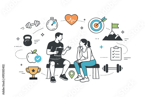 A personal trainer and client discussing a workout routine in a gym. Conceptual scene with trainer and client surrounded by floating exercise