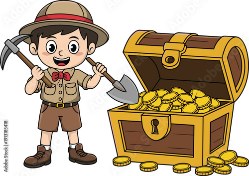 Cute cartoon explorer boy holding pickaxe and shovel standing beside open treasure chest filled with gold coins adventure vector illustration for kids projects