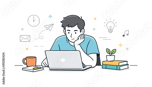 Deep concentration moment. A focused character looking at a laptop or notebook, with surrounding distractions simplified and pushed into the