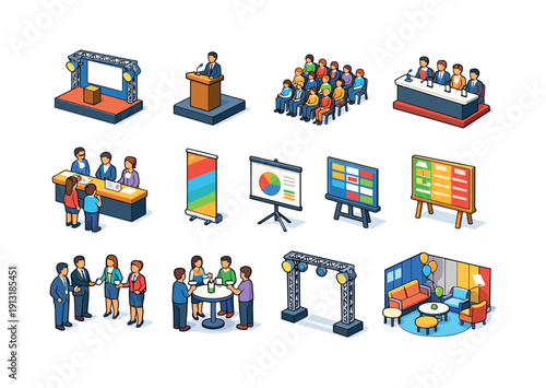 Business events. Colorful isometric vector icons set of business events: corporate conference stage, keynote speaker podium, audience