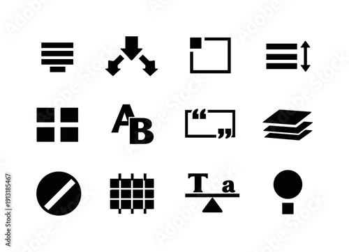 Calligraphy in modern design. Solid icon set of layout and composition: centered text block, hierarchy arrows, margin guide, line spacing