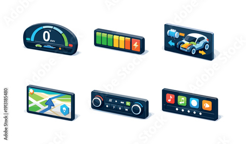 EV dashboard. Isometric flat vector icons set of EV dashboard: digital speedometer, battery level gauge, energy flow display, navigation