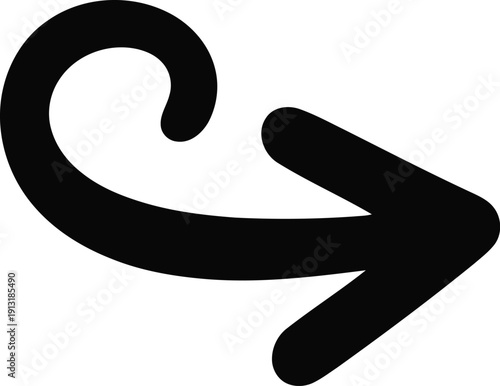 A thick black arrow with a distinct curly hook points right on a stark white surface