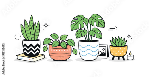 Stylish plant pots as decor. Decorative containers with subtle textures and patterns holding indoor plants. Editorial interior scene focused