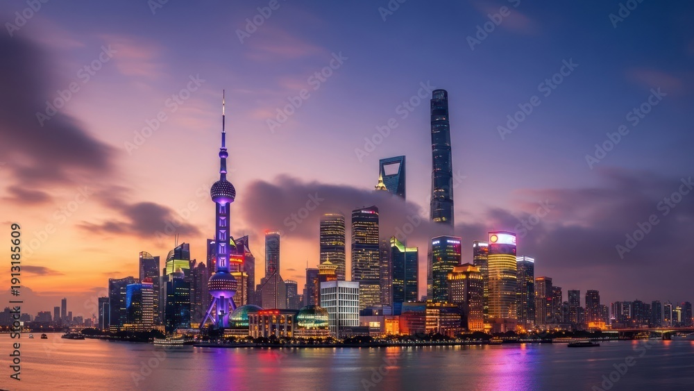Naklejka premium Dusk to Night: Illuminated City Skyline with Reflections.