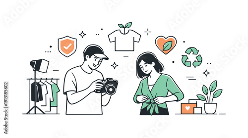 Behind the scenes of ethical fashion shoot. Photographer checking shots on a camera screen while a model adjusts sustainable clothing,