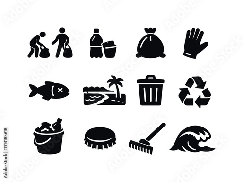 Coastal Cleanup. Solid icon set of Coastal Cleanup: cleanup volunteers, plastic debris, garbage bag, glove, fish, beach shoreline, trash can,