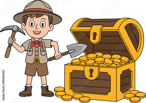 Cute Cartoon Little Explorer Boy Holding Pickaxe and Shovel Standing Beside Treasure Chest Full of Gold Coins, Adventure Discovery Concept Illustration