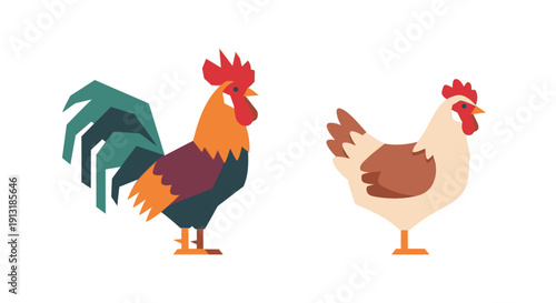 Colorful rooster and hen farm animals vector illustration in flat cartoon style showing poultry pair isolated on light background ideal for agriculture branding rural lifestyle themes children educati