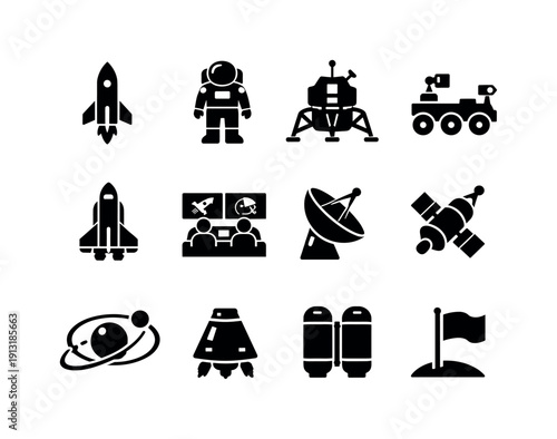 Space Exploration. Solid icon set of Space Exploration: launch rocket, astronaut suit, lunar lander, rover vehicle, space shuttle, mission