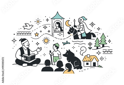 Traditional folklore storytelling. A narrator sharing an old folk tale through symbolic characters and simple scenes, calm magical