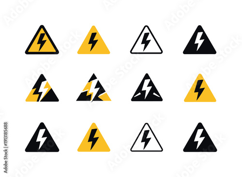 Safety Signs Icons. Safety signs. Icon set. Set Logo of Safety signs: electric shock hazard symbol. harmonious logo variations of the same emblematic concept,