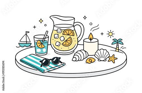 Summer Tabletop Decor. Tabletop summer decor. A round table with a pitcher of lemonade, a striped napkin, and seashells arranged beside a candle, small