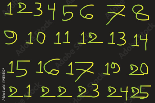 A black background with yellow handwritten numbers from 1 to 25 in four rows