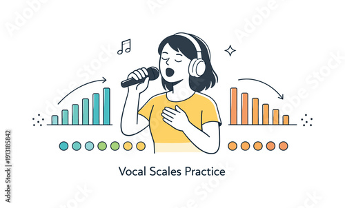 Vocal scales practice. A singer following rising and falling scale steps shown as simple bars or dots. The illustration