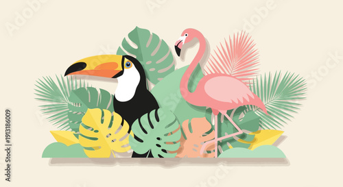Vibrant tropical toucan and flamingo amidst lush green foliage, evoking a sense of exotic paradise.