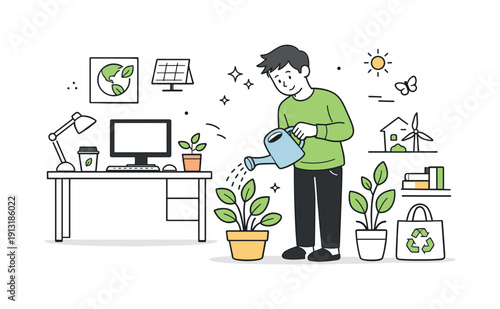 Eco-Friendly Office Vibes. Eco-friendly office. An employee watering office plants next to a tidy workstation. The scene feels gentle, personal, and