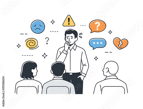 Anxious leadership moment. Manager in front of a team with floating emotion and question icons. Subtle tension, social pressure, and inner