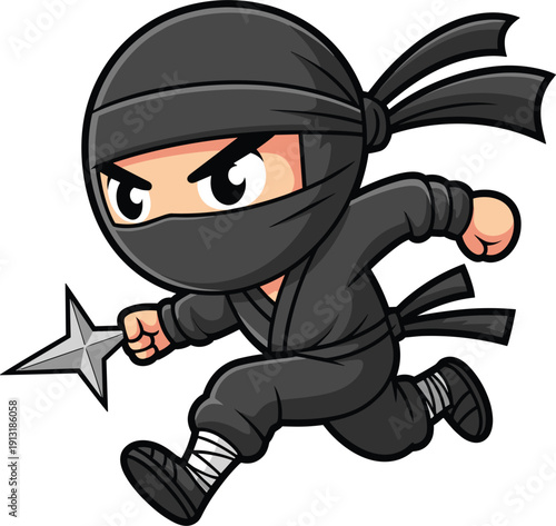 Cute Cartoon Ninja Character Running with Shuriken Star Weapon, Japanese Warrior Mascot Illustration Isolated on White Background for Gaming, Martial Arts, and Kids Design
