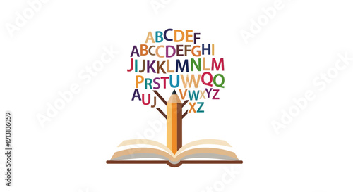 Creative Logo Design Featuring an Open Book with Letters Forming a Tree, Representing Learning and Knowledge Growth.
