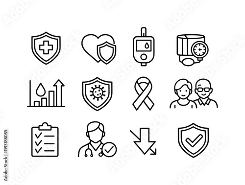 Disease prevention. Line icon set of disease prevention: medical shield, heart protection, diabetes control, blood pressure gauge,