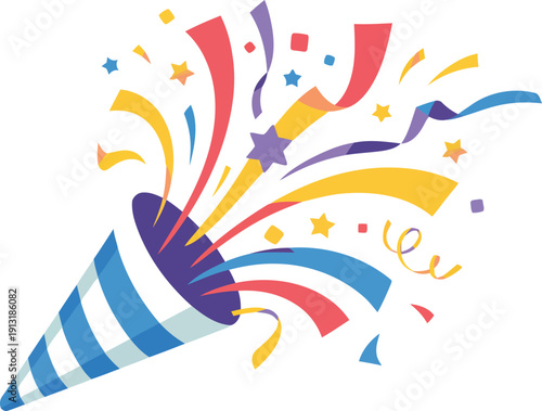 A vibrant illustration of a party popper releasing a dynamic explosion of colorful confetti and stars