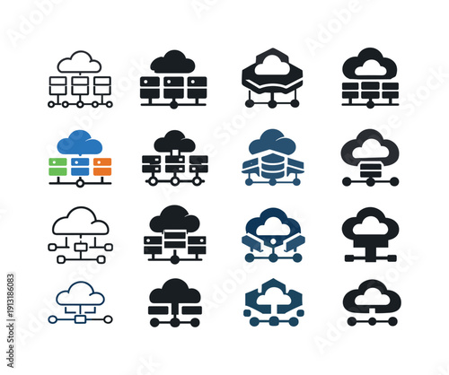 IT Infrastructure Icons. IT infrastructure overview. Icon set. Set Logo of IT infrastructure overview: data center network architecture. harmonious logo