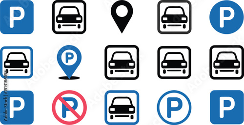 A versatile collection of blue and black parking car symbols and map location indicator icons