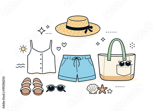 Straw hat summer style. A straw hat displayed with light summer clothes and a tote bag, arranged neatly. The illustration highlights seasonal
