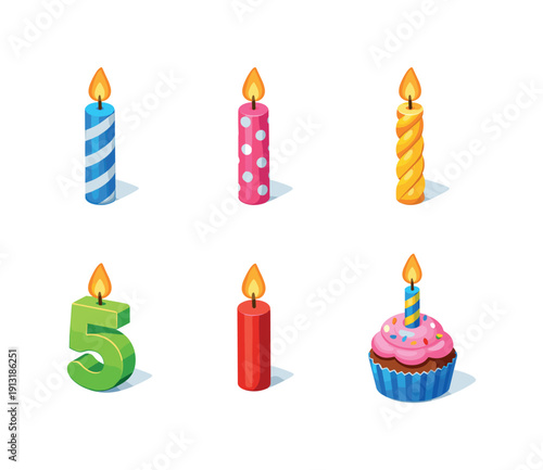 BirthdayCandles. Isometric flat vector icons set of BirthdayCandles: striped birthday candle, polka dot candle, twisted wax candle,