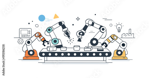 Smart manufacturing robots. Multiple industrial robots working together around a conveyor belt, expressing synchronized collaboration and