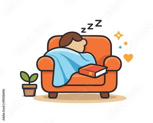 Cozy Afternoon Nap. Taking a nap on a lazy afternoon illustrated through a cozy armchair, blanket and closed book forming a peaceful pause in the day. The mood