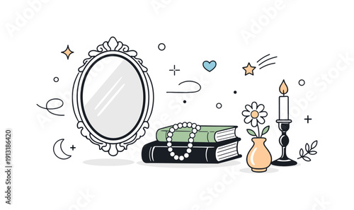 Minimal vintage decor illustration. A single antique mirror paired with a few classic decorative pieces, softly floating with abstract