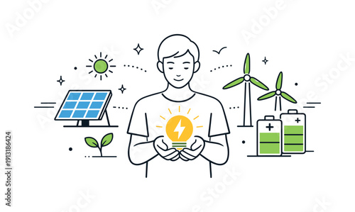 Clean Energy Future. Future of clean energy. A person holding a glowing energy symbol connected to solar panels, wind turbines, and batteries around. Hope,