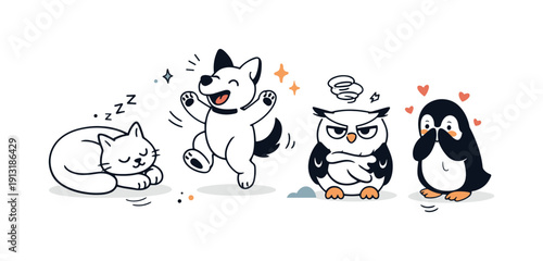 Animal personalities and quirks. A cozy editorial scene with animals displaying emotions through body language rather than details, creating