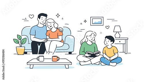 Family conflict resolution techniques. A peaceful home interior with a family relaxing together after a resolved discussion, showing calm
