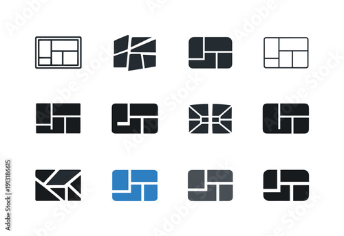 Design layout. Icon set. Set Logo of design layout: structured canvas layout. harmonious logo variations of the same emblematic concept, each