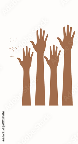 Brown Hands Raising Up in Unity on White Background