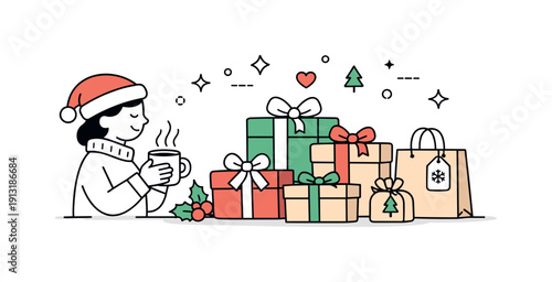 Holiday season shopping. A serene final scene showing completed shopping with neatly wrapped gifts ready to give. Sense of satisfaction,