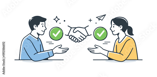 Finding common ground. Two people reaching agreement, shared symbols or checkmarks appearing between them. Peaceful resolution scene with