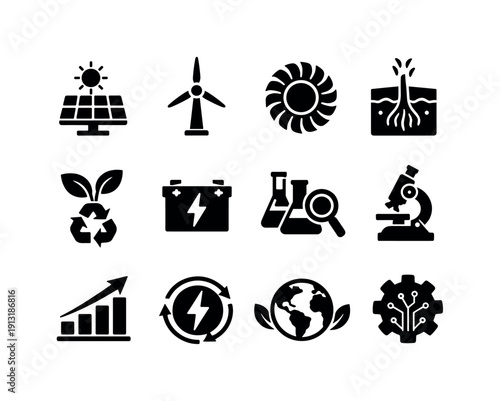 Renewable Energy Icons. Renewable energy research. Solid icon set of Renewable energy research: solar energy grid, wind generator, hydro turbine wheel,