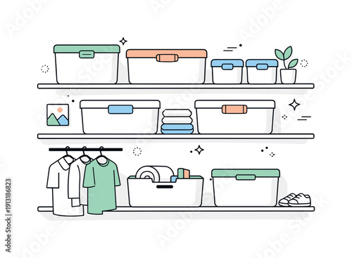 Custom-fit closet storage bins. A tidy closet interior with perfectly fitted storage bins aligned on shelves, creating a sense of order and