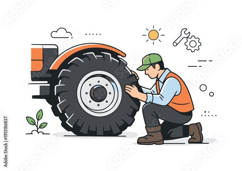 Tractor wheel. Farmer inspecting a tractor wheel before work, kneeling beside it with a calm focused posture. Quiet moment of preparation and