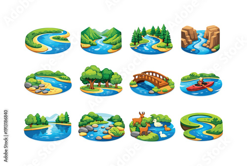 Vibrant River Icons Set. River Landscapes. Colorful isometric vector icons set of River Landscapes: wide river bend, river valley, river flowing through