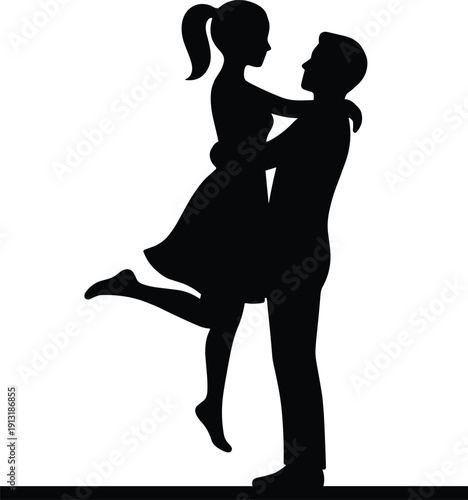Romantic young couple in love hugging and lifting girl cad drawing flat vector illustration, man carrying woman in arms silhouette for valentines day.