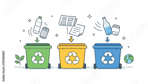 Eco-friendly lifestyle. A simple scene with recycling bins and items gently moving into the correct containers, symbolizing care for the